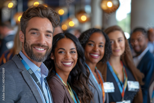 Smiling diverse professionals at a networking event. Captures joy, cooperation in a business setting, ideal for corporate and cultural publications