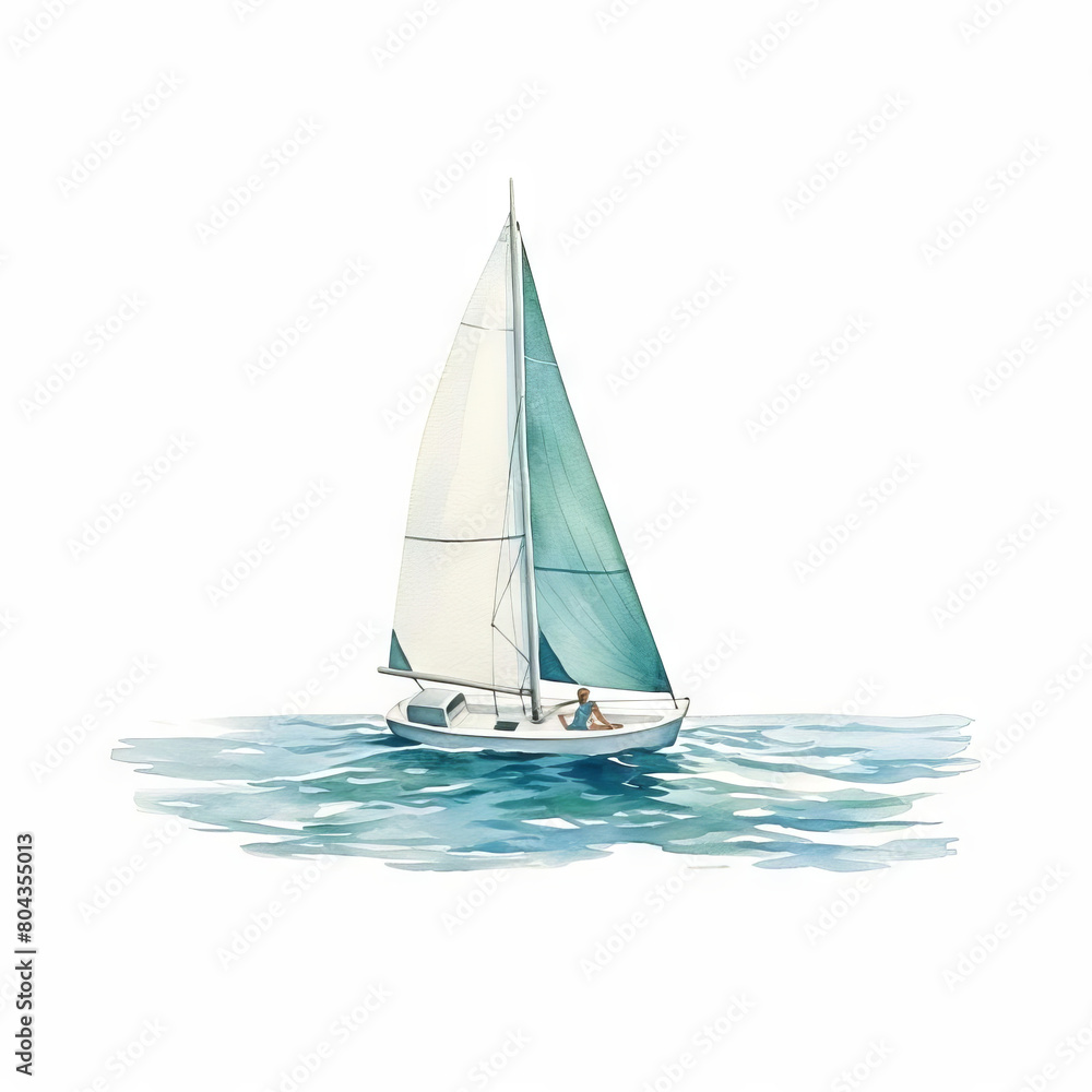 A watercolor painting of a sailboat on a calm sea