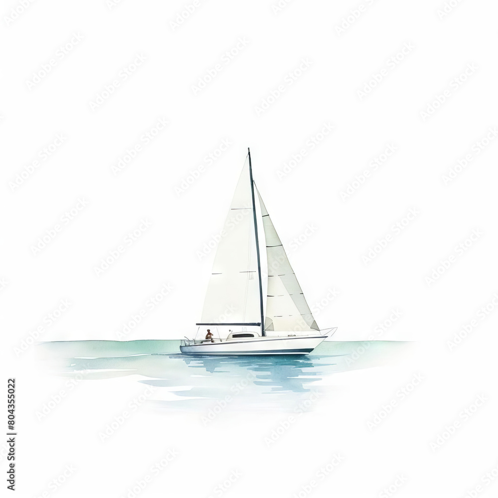 A small sailboat with a white sail glides across the calm blue sea