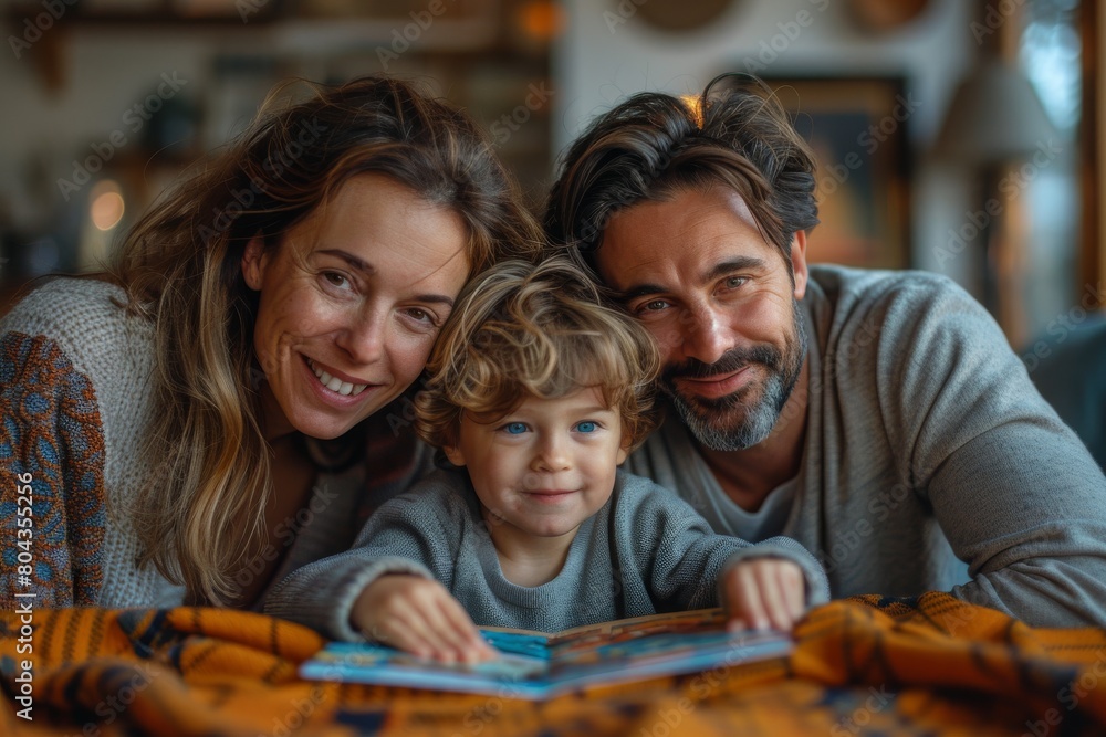 Warm and happy family portrait with smiling parents and their child, bonding over a book in a cozy home setting Warm and happy family portrait with smiling parents and their child, bonding over a book in a cozy home setting