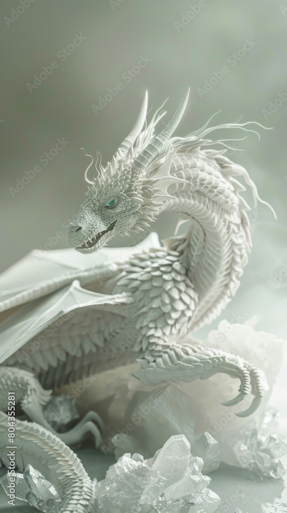 Ethereal dragon curled around a crystal, soft light highlighting its scales, set against a simple gray backdrop