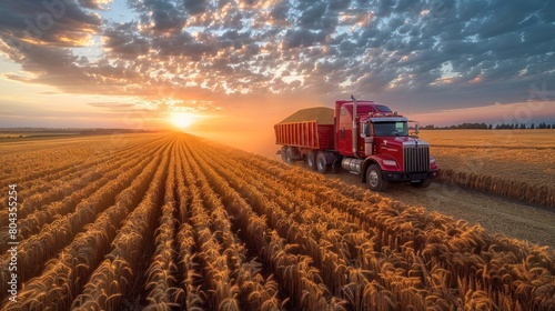 Cargo truck full of wheat on the road in a ripe wheat field with sunset