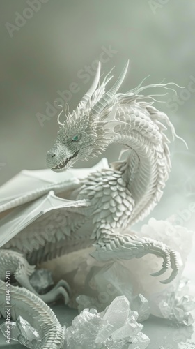 Ethereal dragon curled around a crystal  soft light highlighting its scales  set against a simple gray backdrop