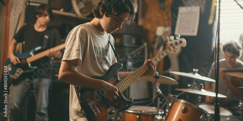 Teenage band practicing in a cramped garage, with cluttered equipment and members tuning instruments, immersed in their music preparation. photo