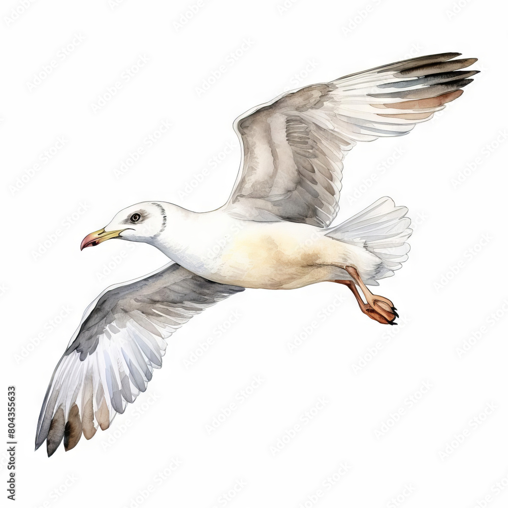 Obraz premium A watercolor painting of a seagull in flight. The seagull is facing the left of the viewer. The painting is realistic and captures the beauty of the seagull's flight.