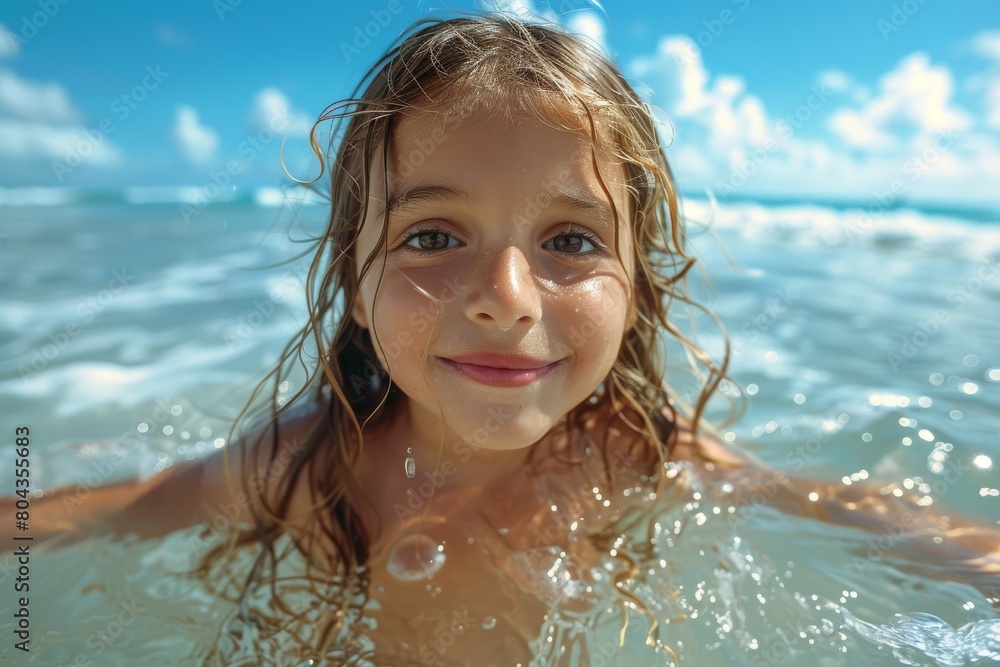 Cheerful girl enjoying a swim in the ocean, with a clear blue sky and gentle waves in the background on a sunny day Cheerful girl enjoying a swim in the ocean, with a clear blue sky and gentle waves in the background on a sunny day
