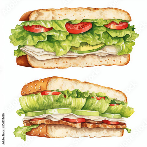 Two watercolor sandwiches, one with lettuce, tomato, and avocado, the other with lettuce, tomato, cucumber, and avocado.