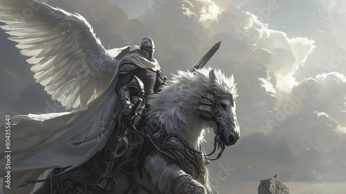 Fantasy scene of a griffin and a knight, both in harmony, against a soft, uncluttered grey backdrop