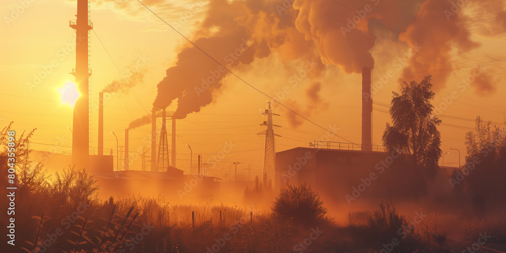 Scenic landscape with steaming factory chimneys in sunrise light in foggy morning. Industrial landscape with smokestack at sunset. Scenic landscape with steaming factory chimneys in sunrise light in foggy morning. Industrial landscape with smokestack at sunset.