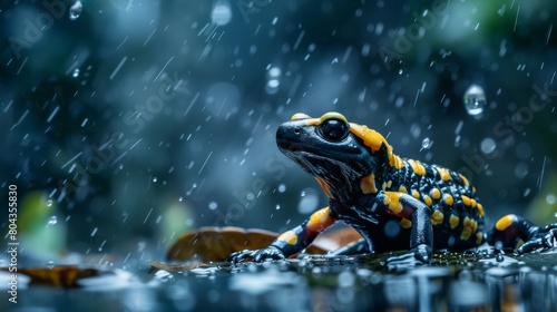 Fire salamander during rainfall, water droplets creating a dynamic scene, set against a clean, dark blue background photo