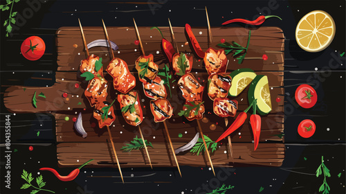 Board with grilled chicken wings skewers and vegetable