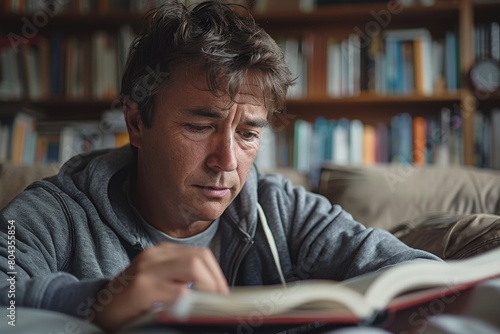 A mature man in a casual hoodie is deeply engrossed in reading a book surrounded by a library