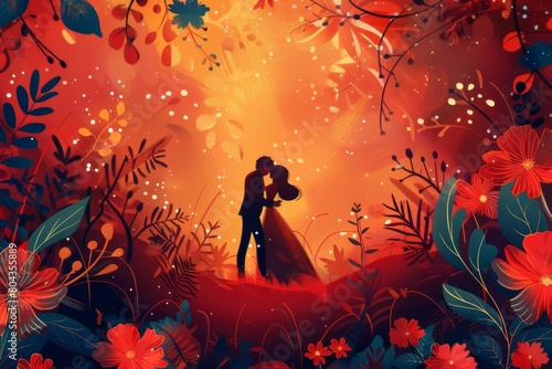 Romantic Couple Kissing in Field of Flowers