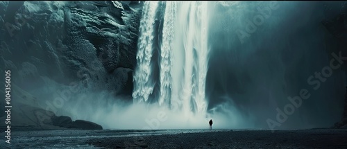 Man observing majestic waterfall in natural landscape