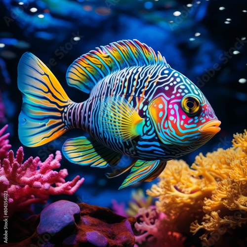 A strikingly colorful Mandarinfish swims gracefully among coral reefs, displaying its intricate patterns and vivid hues.