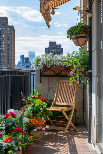 Cozy balcony with simple folding furniture and blossoming plants in flower pots. Charming sunny evening in summer city.