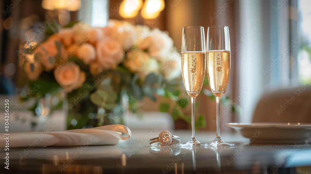 Engagement ring glasses of champagne and flowers 