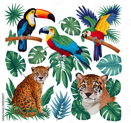 Tropical plants with leopard, toucan, parrot.  (ID: 804356277)