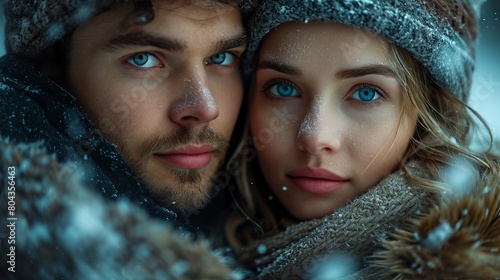 Russian romantic cute couple in winter snow - closeup shot and detailed photography