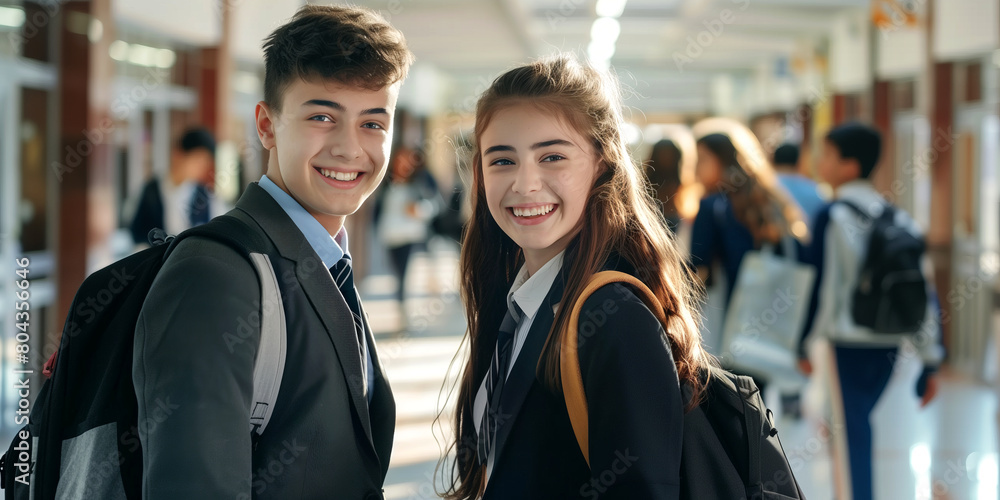 Two cheerful happy young friends standing in school hallway. Teen students having fun together in high school. Two cheerful happy young friends standing in school hallway. Teen students having fun together in high school.