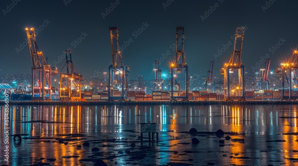 The industrial pulse of a port at night, with the glow of city lights reflecting off the calm waters of the harbor