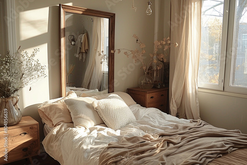 A statement mirror reflecting light and space in a small bedroom.