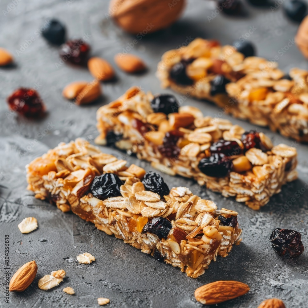 Three homemade granola bars with nuts, seeds, and dried fruit on a gray stone background. Three homemade granola bars with nuts, seeds, and dried fruit on a gray stone background.