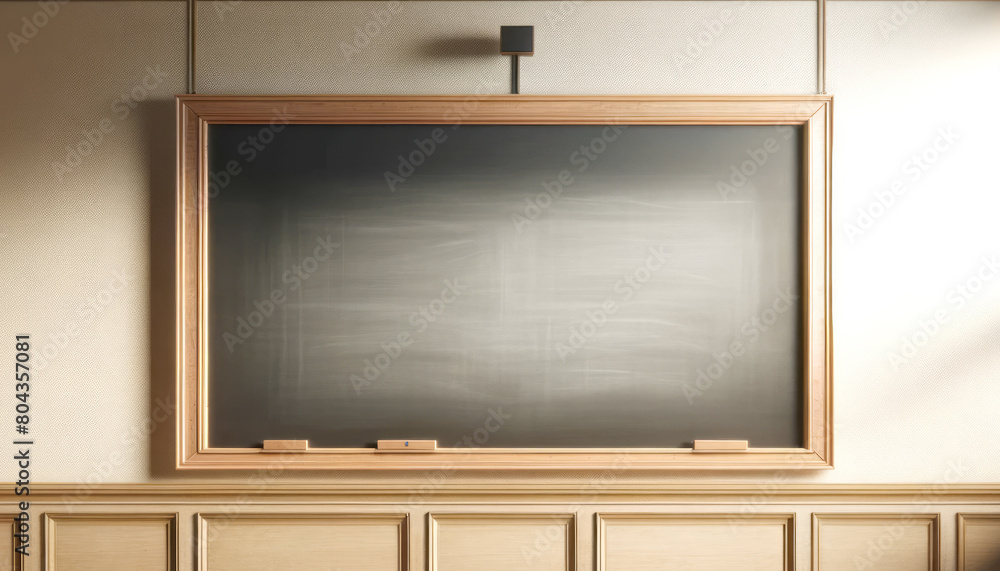 A blank blackboard with a wooden frame on a textured wall, concept of education and presentation space. Generative AI A blank blackboard with a wooden frame on a textured wall, concept of education and presentation space. Generative AI