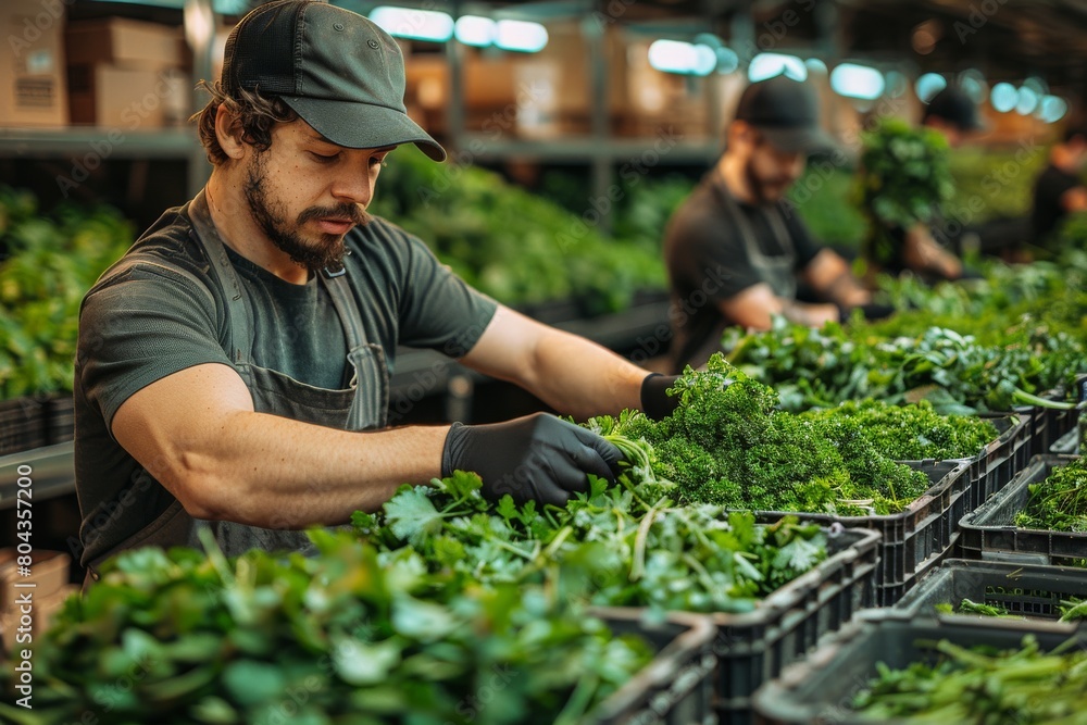 Men working diligently, sorting vibrant green vegetables at an indoor produce market, portraying the importance of agriculture Men working diligently, sorting vibrant green vegetables at an indoor produce market, portraying the importance of agriculture