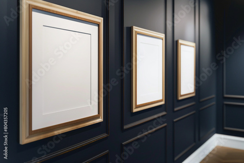 the side perspective inside a gallery reveals three square wooden frames on a wall painted in a deep, matte navy exhibit
