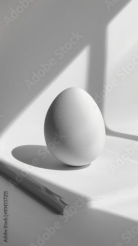 A white egg sits on a white table. The egg is smooth and round, and the table is flat and smooth. The egg is in the center of the table. There is a window to the right of the egg. The window is lettin photo