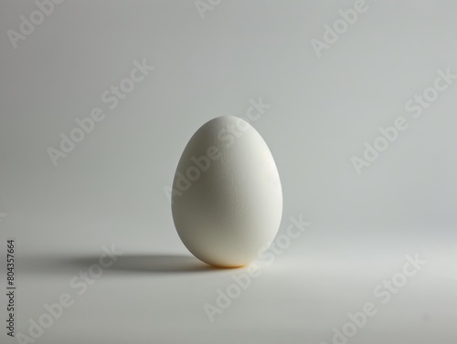 A white egg is sitting on a white table with a white background.