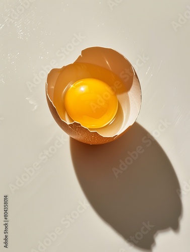 An egg in a broken shell on a white table. photo