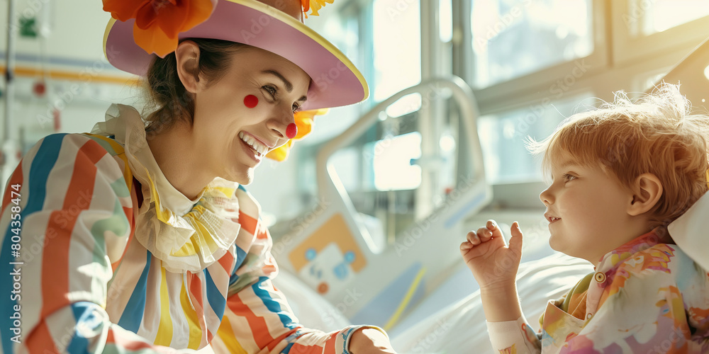 Young volunteer dressed as clown doctor visiting sick child in a hospital to help in lifting patients mood with the positive power of hope and humor. Young volunteer dressed as clown doctor visiting sick child in a hospital to help in lifting patients mood with the positive power of hope and humor.