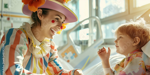 Young volunteer dressed as clown doctor visiting sick child in a hospital to help in lifting patients mood with the positive power of hope and humor.