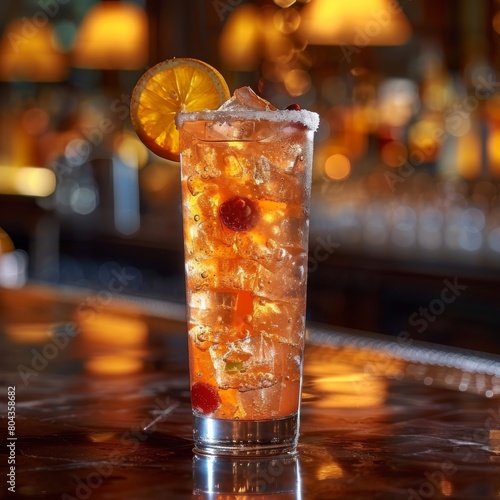 An image of a cocktail in a glass with an orange slice and two cherries on the rim. The background is blurred, and the glass is sitting on a bar. photo