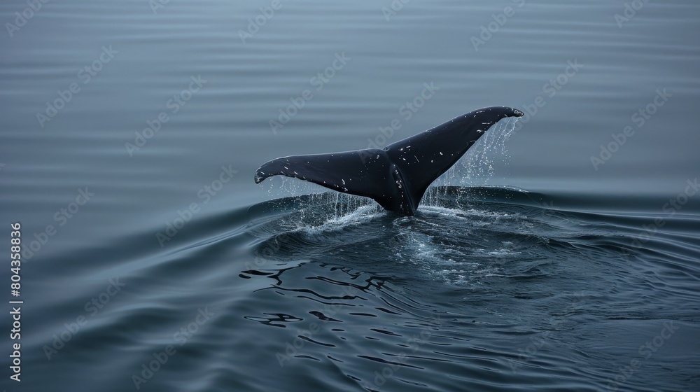 Naklejka premium Leviathans tail disappearing into deep water, creating a swirl, set against a simple, dark aquatic backdrop