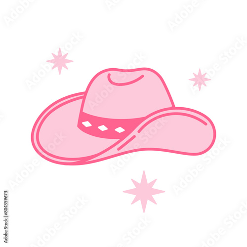 Pink core Cowboy hat. Cowboy western and wild west theme concept. Hand drawn vector illustration. Doodle icon. Pink cowgirl hat