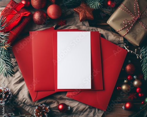 Red and white Christmas background with blank card mockup photo