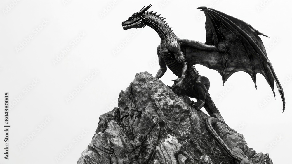 Mighty dragon perched atop a mountain, wings unfurled, against a stark white background for high contrast
