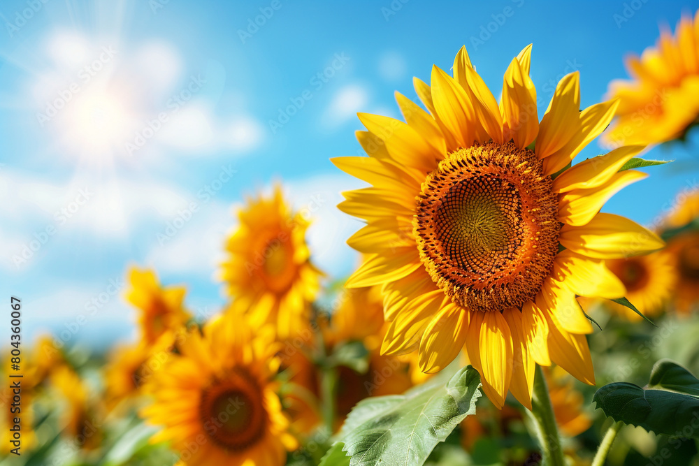 A sun-kissed field of sunflowers swaying in the breeze against a bright blue sky, isolated on solid white background.