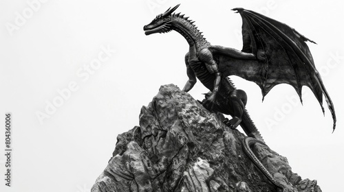 Mighty dragon perched atop a mountain  wings unfurled  against a stark white background for high contrast