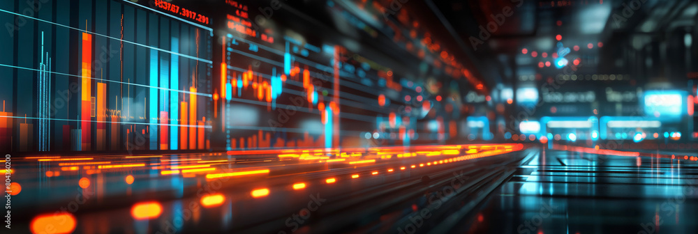 Futuristic data center with glowing digital lines and graphs. Ideal for illustrating advanced technology and data analysis in science and business sectors