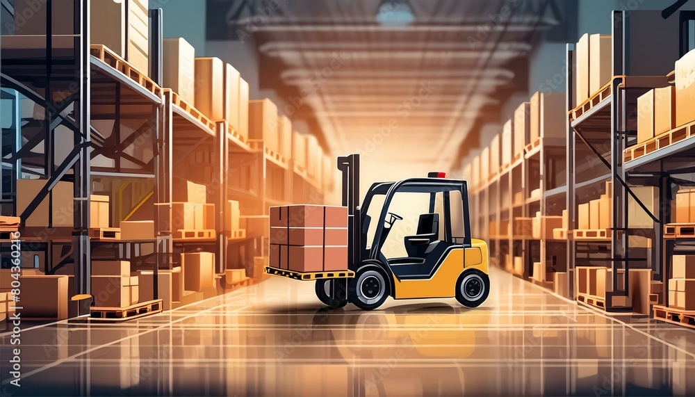 Illustration of Forklift Operating in a Warehouse, Digital illustration showing a forklift transporting boxes in a large, organized warehouse, highlighting logistics and distribution operations.