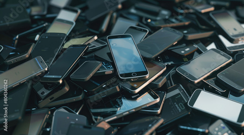 A pile of smartphones, each showing different screen content and features. The phones are scattered on top of various objects such as books or accessories