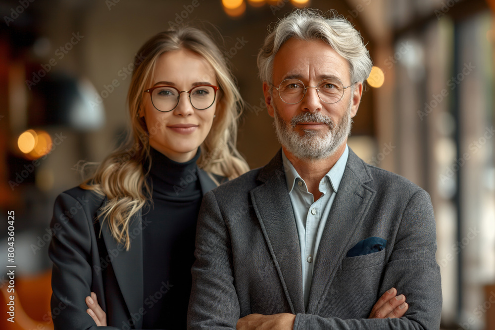 Professional teamwork in a cozy office. A mature man and young woman show collegiality and cooperation, ideal for business and teamwork promotion Professional teamwork in a cozy office. A mature man and young woman show collegiality and cooperation, ideal for business and teamwork promotion