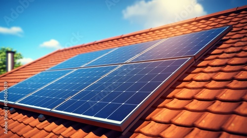 Photovoltaic panels on the roof . Roof Of Solar Panels. View of solar panels  solar cell  in the roof house with sunlight. High quality photo