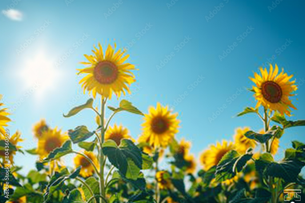A sun-kissed field of sunflowers swaying in the breeze against a bright blue sky, isolated on solid white background.