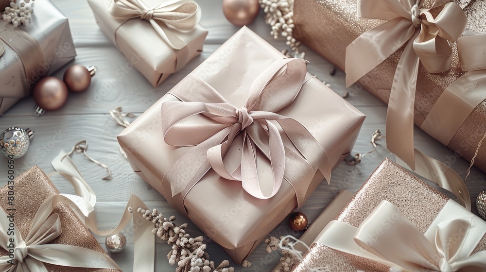 A beautifully wrapped present with a large bow sits on a wooden table among other wrapped presents and holiday decorations. A beautifully wrapped present with a large bow sits on a wooden table among other wrapped presents and holiday decorations.