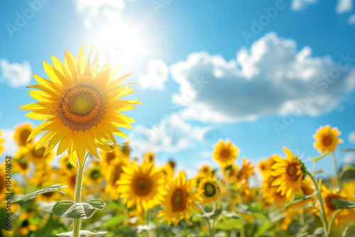 A sun-kissed field of sunflowers swaying in the breeze against a bright blue sky  isolated on solid white background.